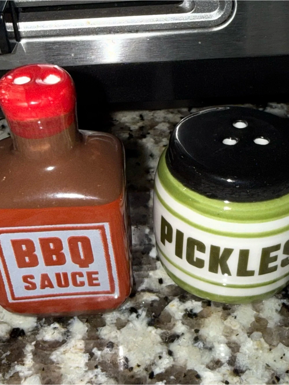 BBQ Sauce & Pickles Ceramic Salt and Pepper Shakers - Red Brown Green